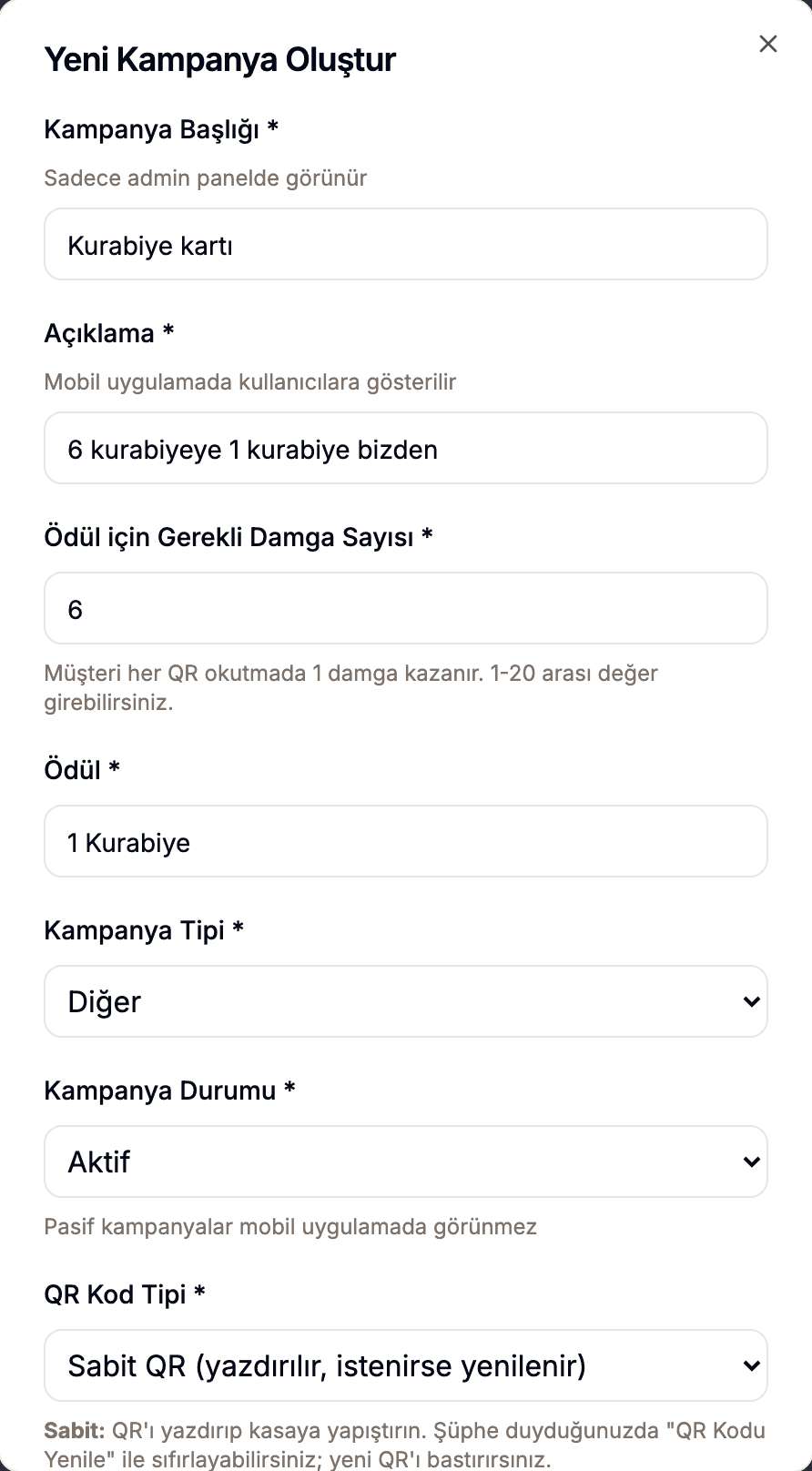 Panelde yeni kampanya formu: başlık, ödül ve kaç damgada ödül alanları