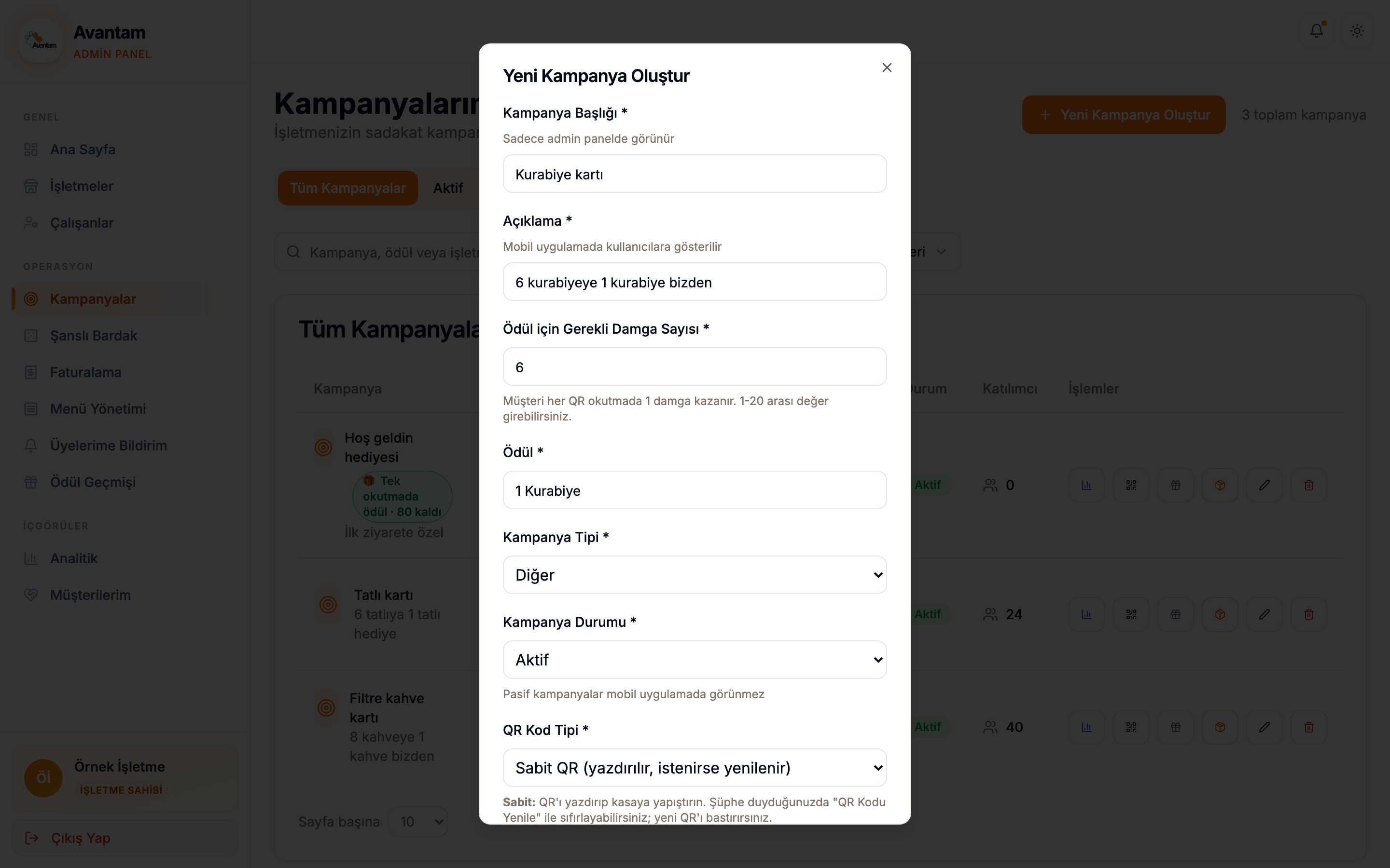 Yeni kampanya formu: başlık, açıklama, gerekli damga sayısı ve ödül alanları