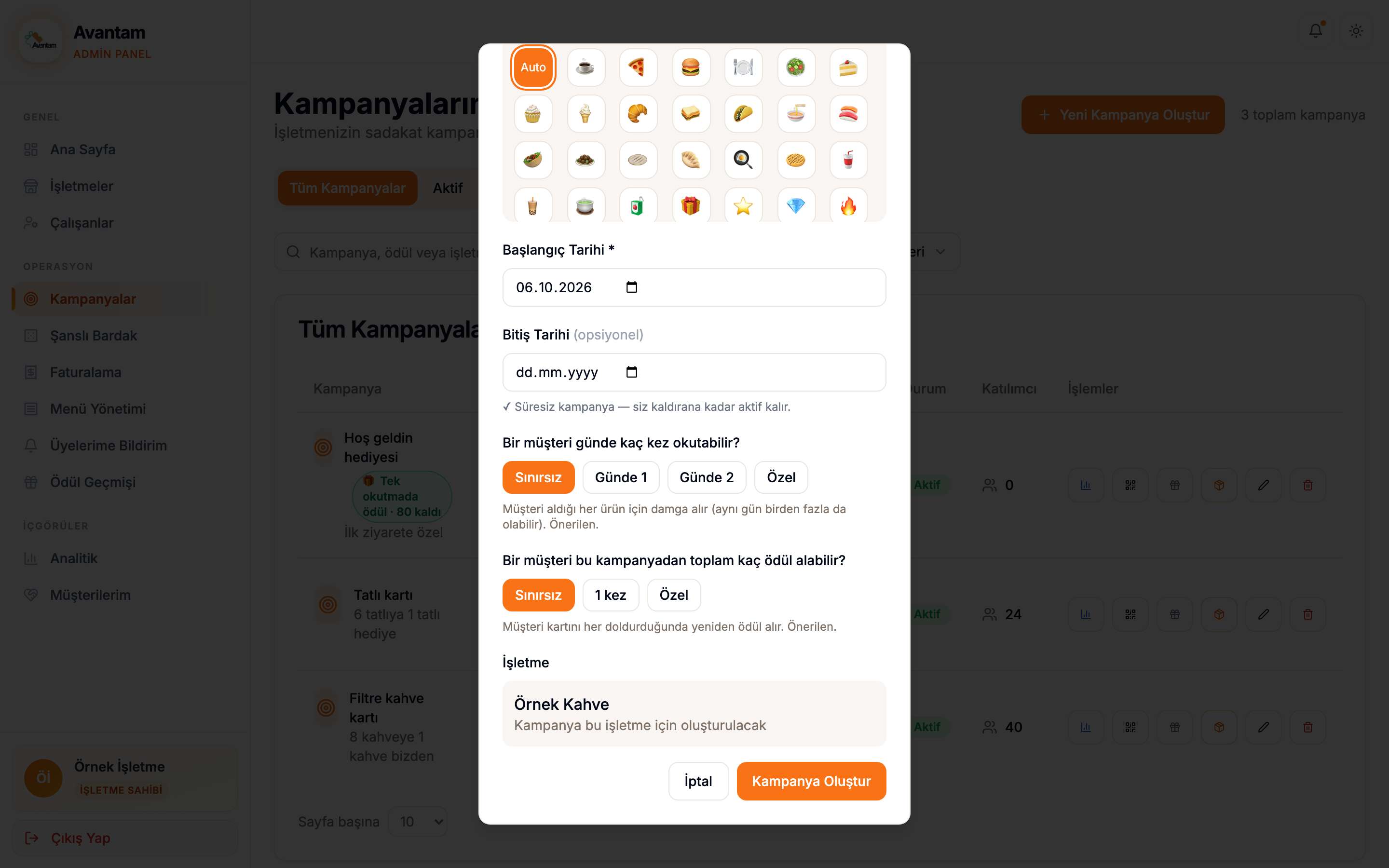 Kampanya formunda başlangıç tarihi, günlük okutma ve toplam ödül limitleri