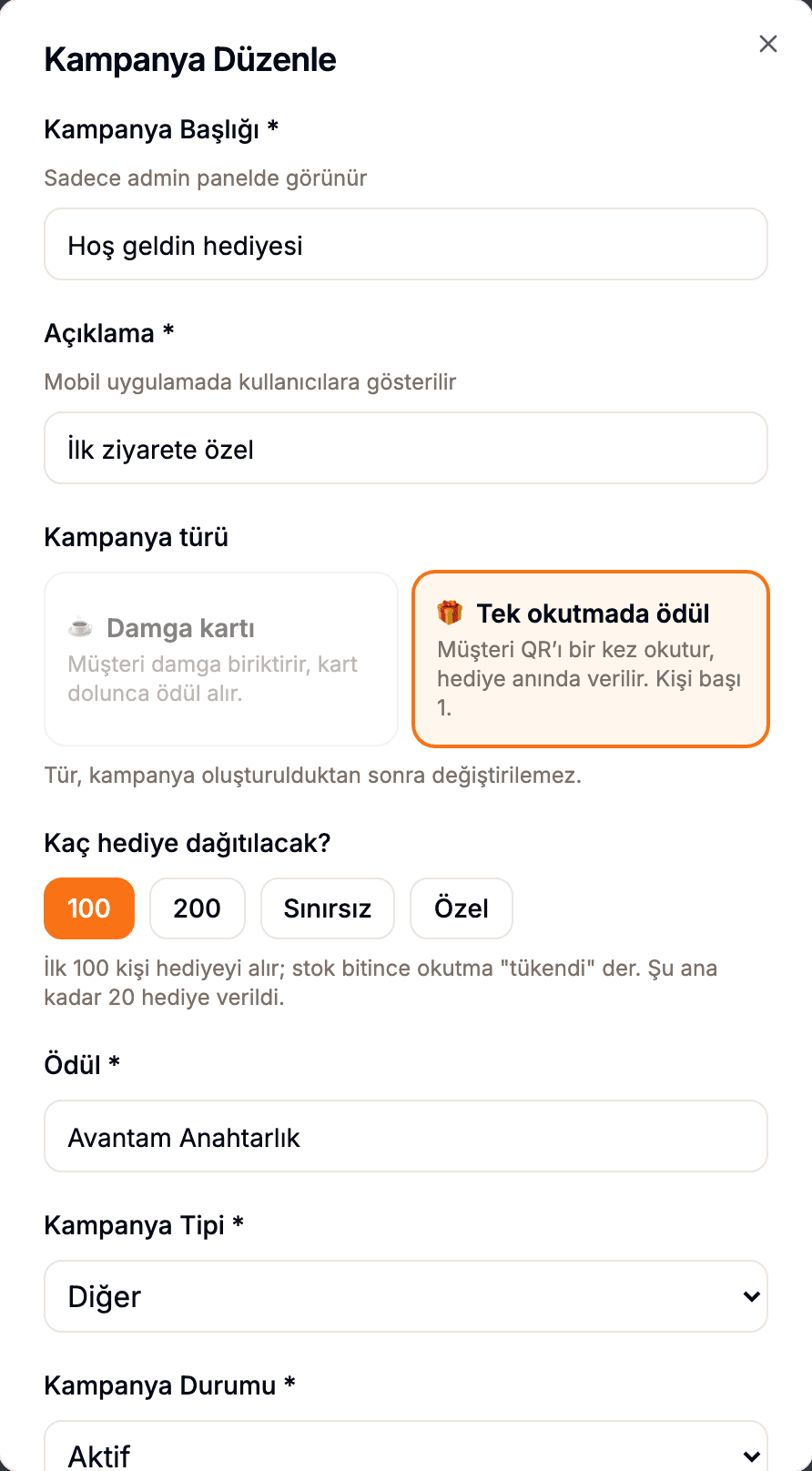 Kampanya formunda tek okutmada ödül seçeneği ve stok alanı