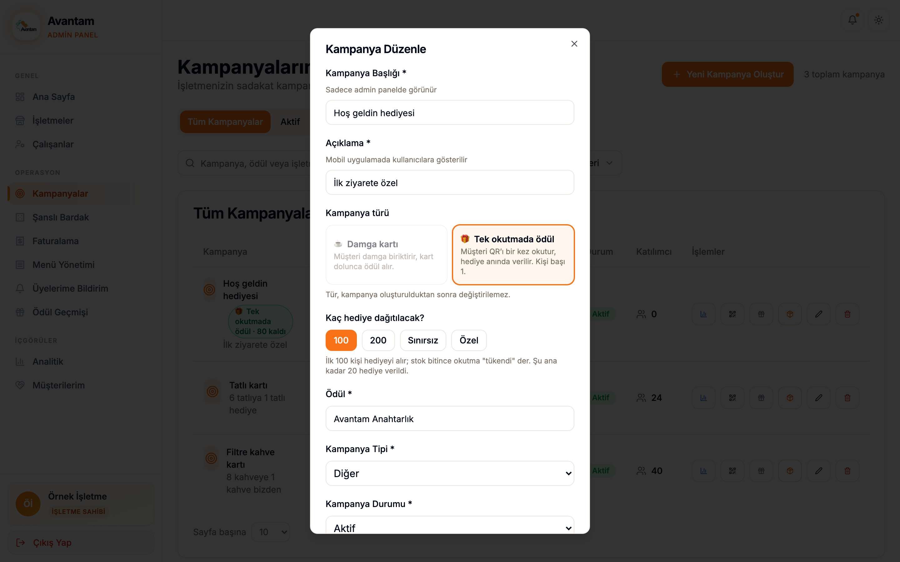 Kampanya formunda tek okutmada ödül türü ve hediye stoğu