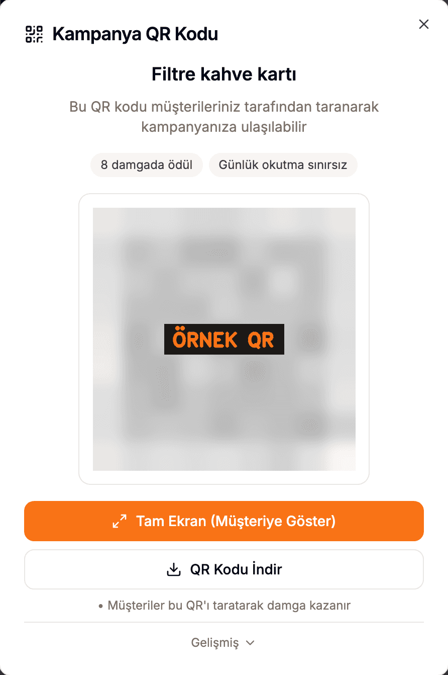 Panelde kampanyanın damga QR'ı ve yazdırma seçenekleri