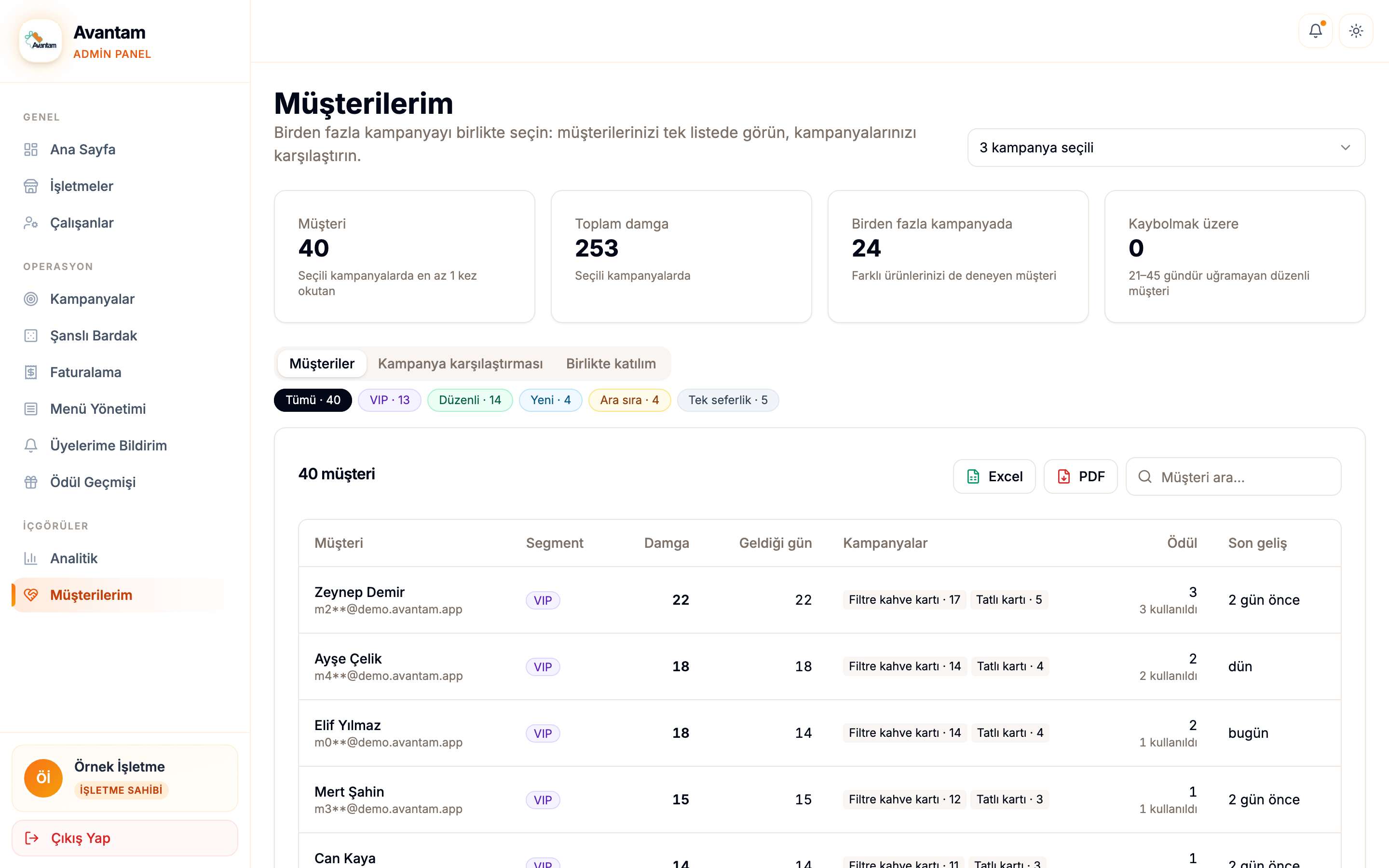 Müşterilerim sayfası: özet kartlar, segment filtreleri ve örnek müşteri listesi
