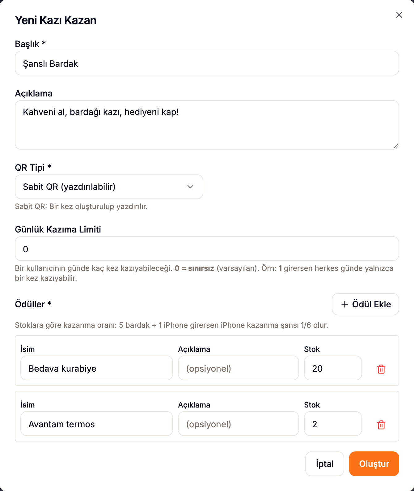 Şanslı Bardak yönetim ekranı