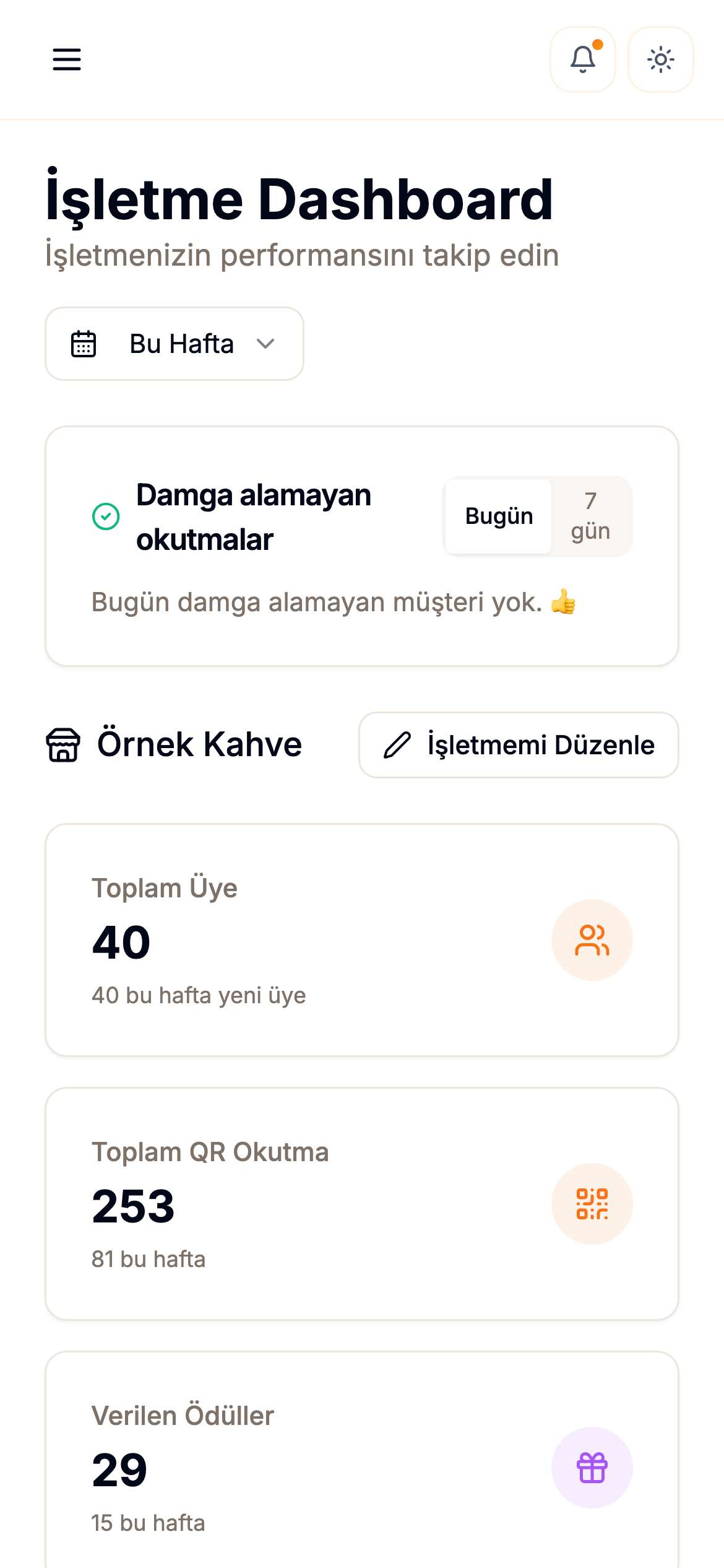 Panel ana sayfasının telefondaki görünümü